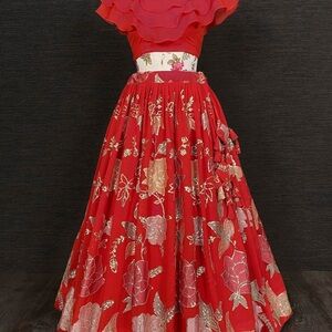 Red Floral Maxi Skirt with Gold Accents with most stylish crop top